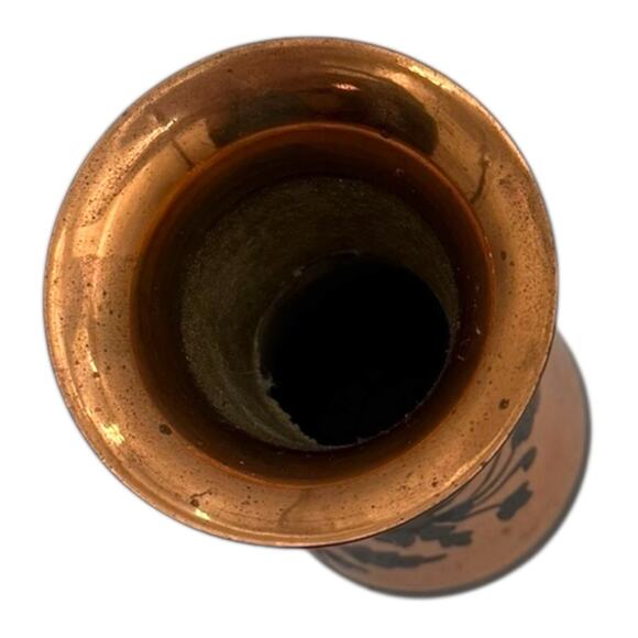 Vintage Brass/Copper Black Etched Floral & Striped Vase ~ 8” Tall Made India EUC - Picture 5 of 12